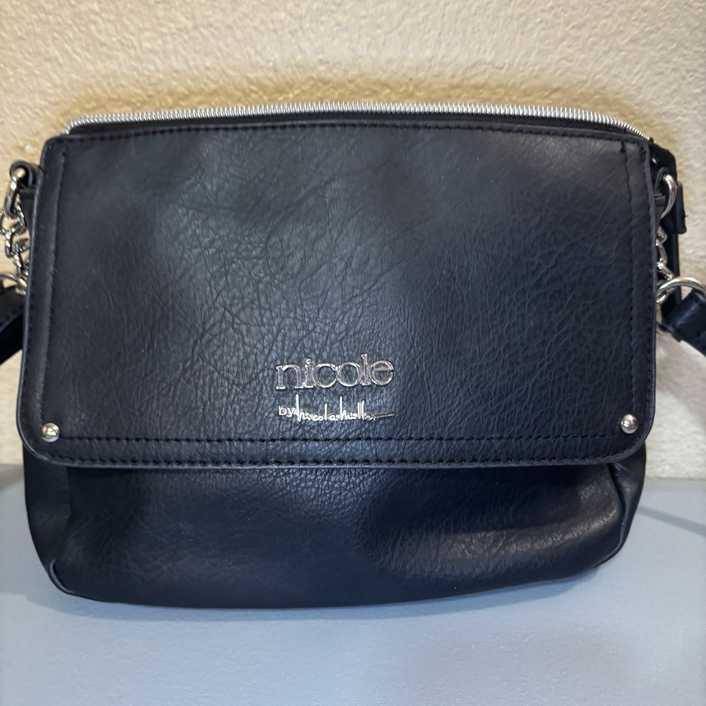 Nicole Miller, Black Crossbody Flap Bag Handbag Purse Silver Zip Pocket Designer